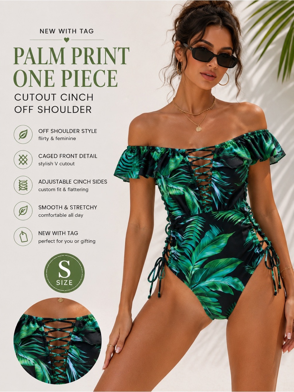 TiniBikini Palm Print One Piece Cutout Cinch S Off Shoulder NWT